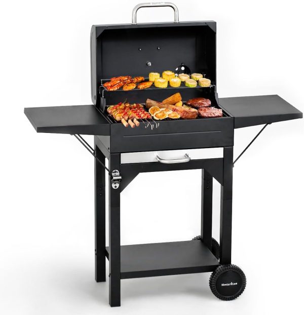 Charcoal Grills with Two Side Tables, 332 SQIN Cooking Area Outdoor Smoker Barbecue bbq grill for Camping, Patio,Backyard Party, Picnic, Black