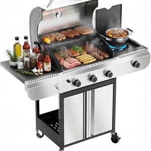 3-Burner Propane Gas Grill with Side Burner, 34,000 BTU Stainless Steel BBQ Grill – Heavy-Duty Porcelain-Enameled Grates for Patio and Outdoor Cooking