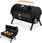 Portable Charcoal Grill with Thermometer, Small Tabletop Barbecue Grill for Outdoor Camping Backyard Party BBQ Cooking, Extra Thick Steel & Heavy Duty, Innovative Design & Easy Assembly