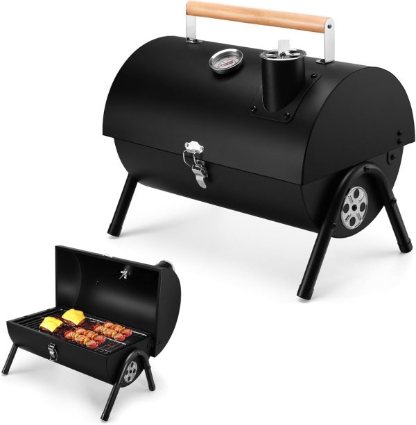 Portable Charcoal Grill with Thermometer, Small Tabletop Barbecue Grill for Outdoor Camping Backyard Party BBQ Cooking, Extra Thick Steel & Heavy Duty, Innovative Design & Easy Assembly
