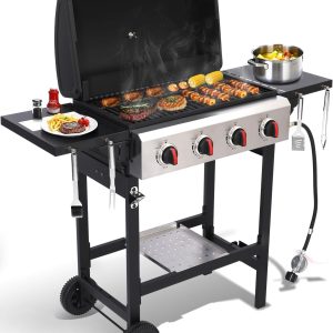 4 Burner Propane Gas Grill, Portable BBQ Grill with Cast Iron Grate & Griddle Pan, Folding Side Table for Camping Backyard, 40000 BTU Easy-Clean Outdoor Cooking