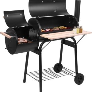 BBQ Charcoal Grill, Outdoor Patio Barbecue Cooker with Offset Smoker, Wheels and Tray for Balcony Picnics, Party and Camping