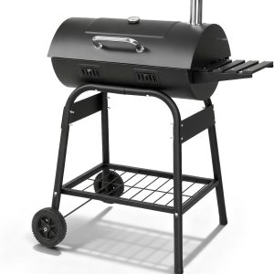 Barrel Charcoal Grill with Warming Rack, Outdoor BBQ Grill with Side Front Table with Spacious Cooking Grid Area for Backyard Patio Picnic Parties Camping, Black