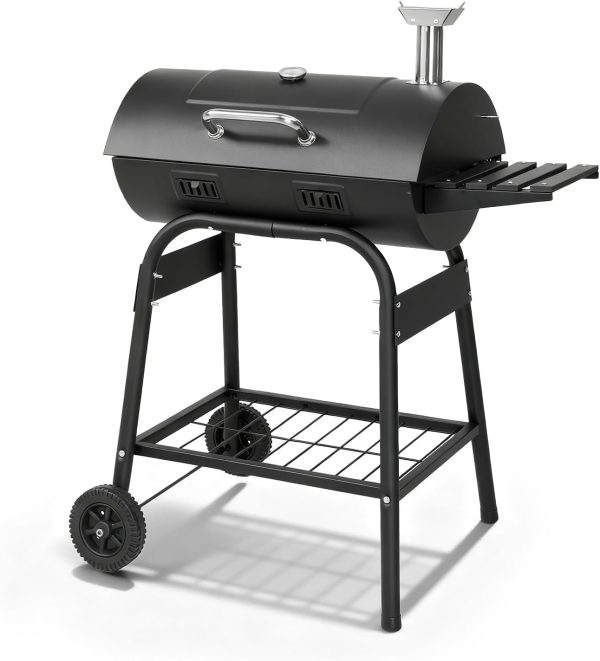 Barrel Charcoal Grill with Warming Rack, Outdoor BBQ Grill with Side Front Table with Spacious Cooking Grid Area for Backyard Patio Picnic Parties Camping, Black