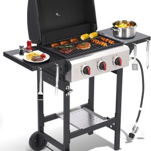 Propane Gas Grill with Folding Side Tables, 3-Burner Gas Grill with Cast Iron Grates and Stainless Steel Griddle Pan, Outdoor BBQ Grill Portable with Wheels 30,000 BTU Output