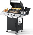 MELLCOM Upgraded 36,000 BTU Stainless Steel Burner Barbecue Grill, 3 Burner BBQ Propane Gas Grill with Cast Iron Grates & Side Stove for Patio, Camping, Outdoor Cooking