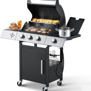MELLCOM Upgraded 36,000 BTU Stainless Steel Burner Barbecue Grill, 3 Burner BBQ Propane Gas Grill with Cast Iron Grates & Side Stove for Patio, Camping, Outdoor Cooking