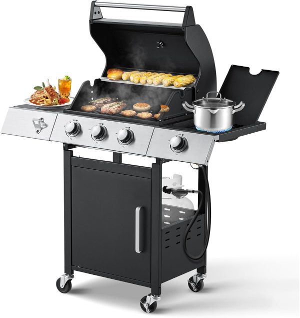 MELLCOM Upgraded 36,000 BTU Stainless Steel Burner Barbecue Grill, 3 Burner BBQ Propane Gas Grill with Cast Iron Grates & Side Stove for Patio, Camping, Outdoor Cooking