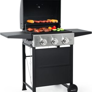 3 Burner BBQ Propane Gas Grill, 472 Sq. In. Cooking Area, 30,000 BTU Stainless Steel Barbecue Grill with Two Foldable Shelves for Outdoor Patio, Backyard