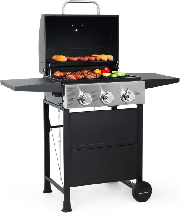 3 Burner BBQ Propane Gas Grill, 472 Sq. In. Cooking Area, 30,000 BTU Stainless Steel Barbecue Grill with Two Foldable Shelves for Outdoor Patio, Backyard
