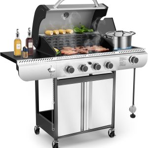 4-Burner Gas Grill with Side Burner,Stainless Steel Propane Grill with Porcelain-Enameled Grills,Built-In Thermometer,42000BTU BBQ Grill for Outdoor Cooking and Patio Barbecues