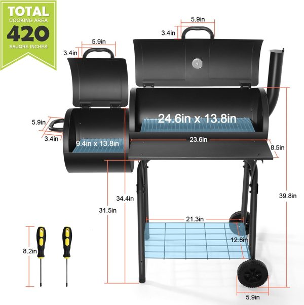 Outdoor Charcoal Grill with Cover, Large Barrel BBQ Grill with Offset Smoker, Great for Camping Patio Backyard Garden Party Picnic Beach, Large 420.SQ.IN Cooking Area, 2 Screwdrivers - Black