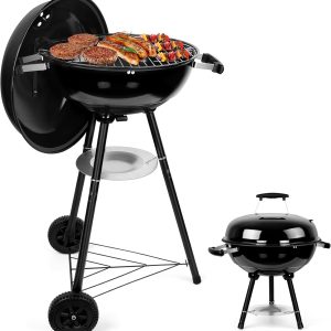 Kettle Charcoal Grill (18 Inch), Outdoor Barbecue Grill for Camping/Backyard/Tabletop Grilling, Portable Round Smoker with Wheels, Enameled Lid & Fire Bowl, Dual Venting System, Black