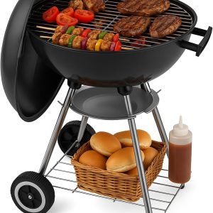 22 Inch Portable Charcoal Grill – Heavy-Duty Round BBQ Grill with Thickened Grilling Bowl, Sturdy with 4 Legs & Wheels for Small Outdoor Barbecue, Camping, Travel, Tailgating & Backyard Cooking