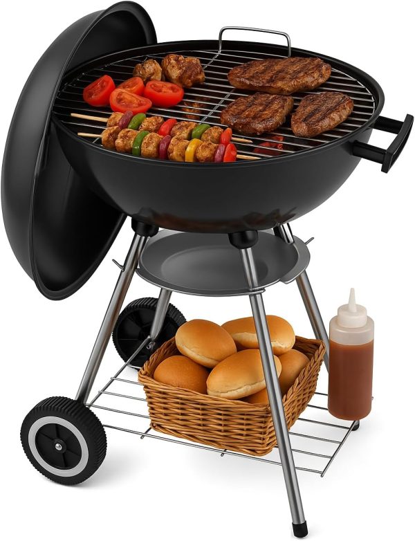 22 Inch Portable Charcoal Grill – Heavy-Duty Round BBQ Grill with Thickened Grilling Bowl, Sturdy with 4 Legs & Wheels for Small Outdoor Barbecue, Camping, Travel, Tailgating & Backyard Cooking