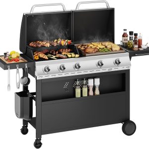 Propane Gas Grill and Griddle Combo with Porcelain-Enameled Cast Iron Grates, Dual Outdoor BBQ Grill with Flat Top Griddle for Barbecue, 696 SQ.IN. Cooking Area