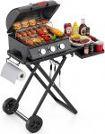 3 Burners Portable Gas Grill, 320 SQ.IN with Collapsible Stand & Side Table, 30000 BTU Propane BBQ Propane Grills with Slide-out Grease Box, Cooking Area for Camping, Tailgating & Backyard