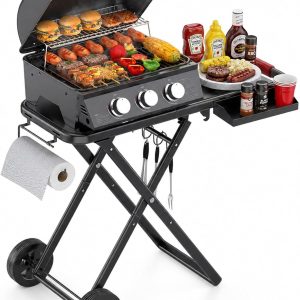 3 Burners Portable Gas Grill, 320 SQ.IN with Collapsible Stand & Side Table, 30000 BTU Propane BBQ Propane Grills with Slide-out Grease Box, Cooking Area for Camping, Tailgating & Backyard