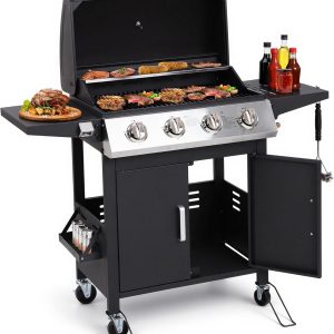 4-Burner Propane Gas BBQ Grill, Upgraded 40,000 BTU Stainless Steel Barbecue Grill with Foldable Side Tables, Spice Rack & Wheels for Outdoor Cooking