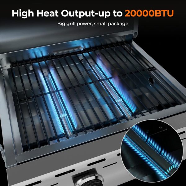20,000 BTUs Portable Tabletop Gas Grill, 2-Burner Propane Grill with 251 Sq.in Cooking Area, Stainless Steel BBQ Grill with Foldable Legs, Easy Assemble & Clean for Patio, Camping, Tailgate