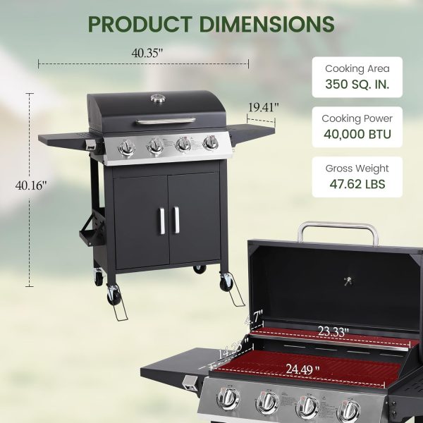 4-Burner Propane Gas BBQ Grill, Upgraded 40,000 BTU Stainless Steel Barbecue Grill with Foldable Side Tables, Spice Rack & Wheels for Outdoor Cooking