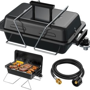 Portable Propane Gas Grill with New 2-in-1 Valve - Compatible with Large Tank & Small Cylinder, Gas Grill with Foldable Legs & Adjustable Regulator,Heavy Duty, Perfect for Outdoor Camping