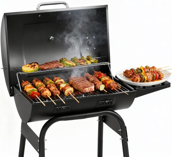Barrel Charcoal Grill with Warming Rack, Outdoor BBQ Grill with Side Front Table with Spacious Cooking Grid Area for Backyard Patio Picnic Parties Camping, Black