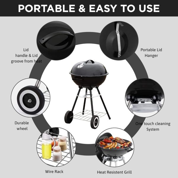 22 Inch Portable Charcoal Grill – Heavy-Duty Round BBQ Grill with Thickened Grilling Bowl, Sturdy with 4 Legs & Wheels for Small Outdoor Barbecue, Camping, Travel, Tailgating & Backyard Cooking