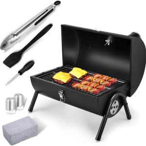Portable Charcoal Grill Set, Small Tabletop Barbecue Grill with Accessories Tools for Outdoor Camping BBQ Grilling Backyard Party Cooking, Heavy Duty & Innovative Design, Thermometer & Chimney