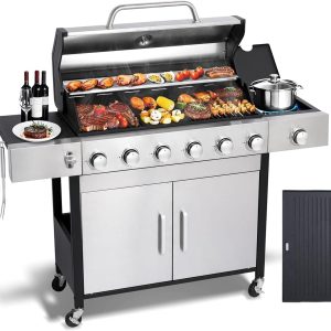 6 Burner Propane Gas Grill with Side Burner, Cast Iron Grates, Plate, Lid and Warming Rack, Large Cabinet Style BBQ Grill for Barbecue Grilling Backyard Cooking, 620 SQ. IN. Cooking Area