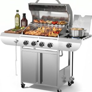4-Burner Gas Grill, 42000 BTU BBQ Grill, Stainless Steel Barbecue Grill with Side Burner, Enameled Cast Iron Grill, Pull-Out Oil Tray, Suitable For Outdoor, Backyard Barbecues