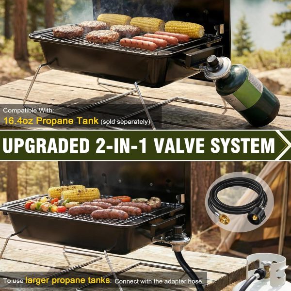 Portable Propane Gas Grill with New 2-in-1 Valve - Compatible with Large Tank & Small Cylinder, Gas Grill with Foldable Legs & Adjustable Regulator,Heavy Duty, Perfect for Outdoor Camping