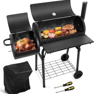 Outdoor Charcoal Grill with Cover, Large Barrel BBQ Grill with Offset Smoker, Great for Camping Patio Backyard Garden Party Picnic Beach, Large 420.SQ.IN Cooking Area, 2 Screwdrivers - Black