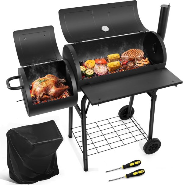 Outdoor Charcoal Grill with Cover, Large Barrel BBQ Grill with Offset Smoker, Great for Camping Patio Backyard Garden Party Picnic Beach, Large 420.SQ.IN Cooking Area, 2 Screwdrivers - Black